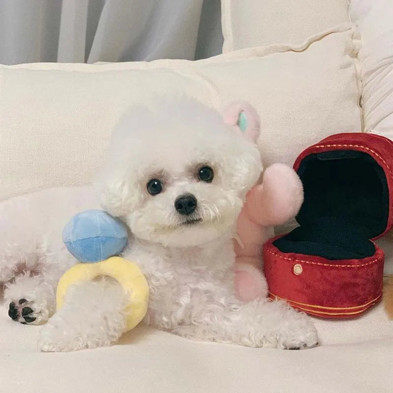 Diamond Ring Box Plush Toy for Dog Super Big Rings Box Set Puppy Dogs Interested Toys Puppies Kids Creative Cute Soft Toys INS