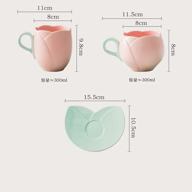 Ceramic Tulip Cups Mug Saucers Suits with Tray Flower-Shaped Coffee Cups Saucers, Lovely Drink Cups