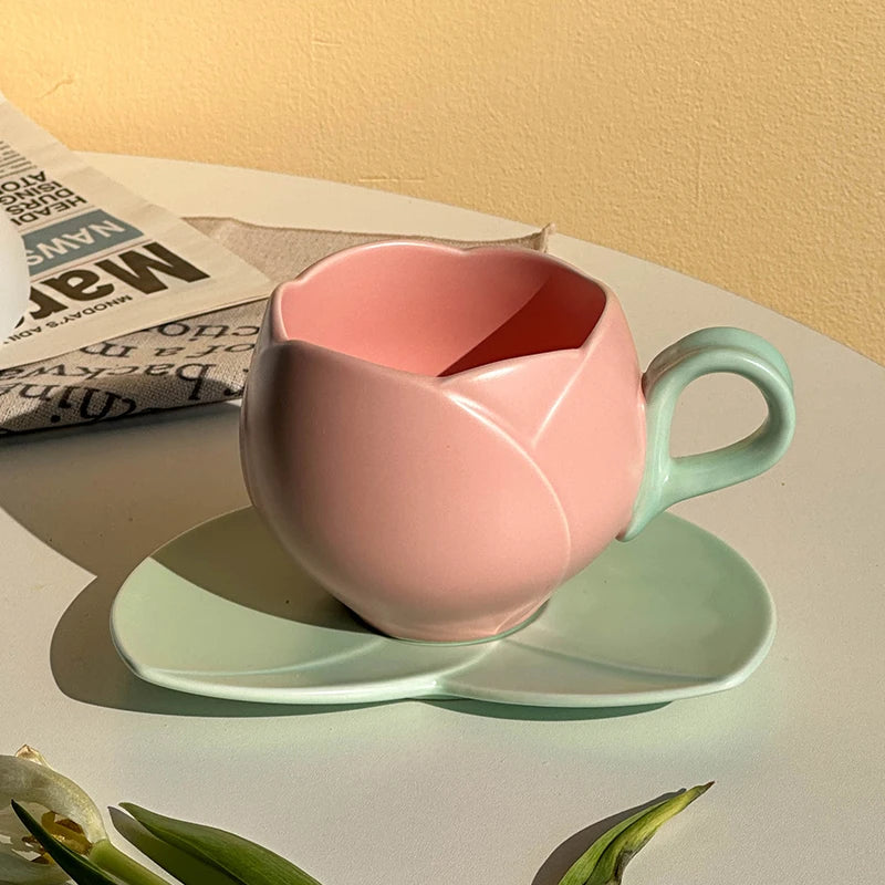 Ceramic Tulip Cups Mug Saucers Suits with Tray Flower-Shaped Coffee Cups Saucers, Lovely Drink Cups